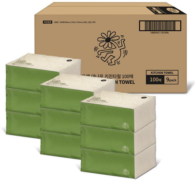 한예지 키스해링 무표백 대나무 뽑아쓰는 키친타올, 9개, 100매입
