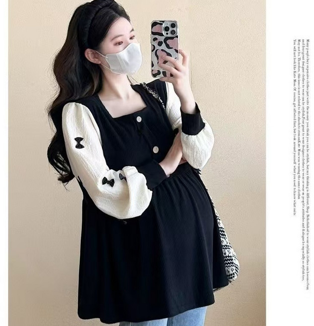 임산부 셔츠 스퀘어넥 카멜 긴팔 상의 셔츠 루즈핏 날씬해 보이는 블라우스 봄 여름 임부복 ZZL