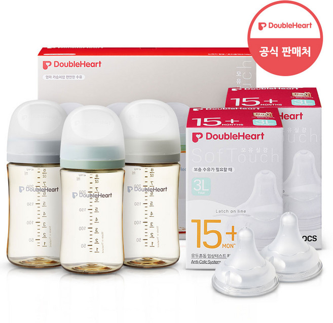 더블하트 모유실감 3세대 젖병 트리플팩+젖꼭지4입+물티슈, 모먼트(3L 4입), 240ml, 1세트