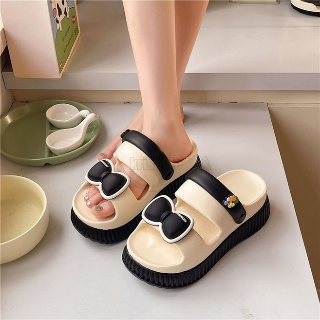 Krismile 키높이 슬리퍼 여성 여름 통굽 미끄럼 방지 슬리퍼 발 편한 비치 슬리퍼 패션 리본 샌들 X2506J5