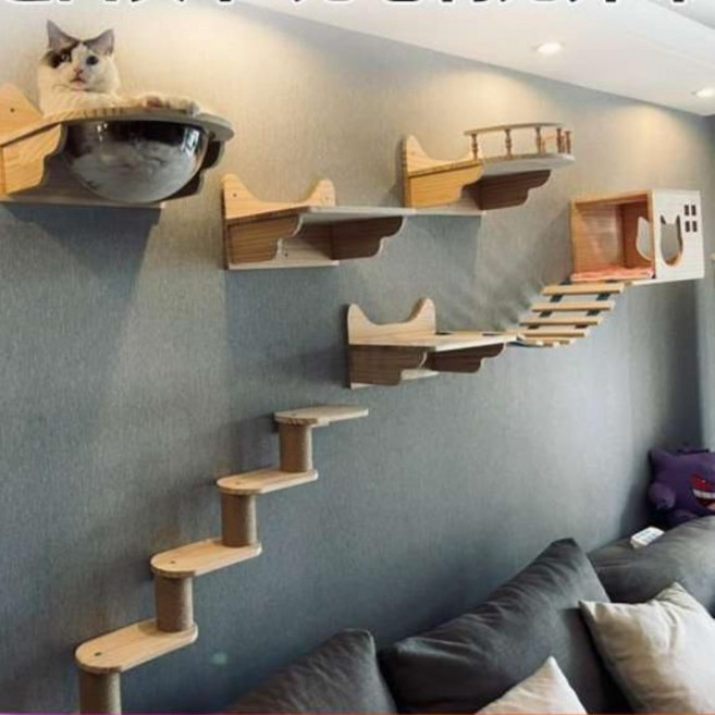 캣 타워 고양이 벽타워 원목 패키지 워크 선반 놀이터 벽걸이 집, 1개, 등반 난간B