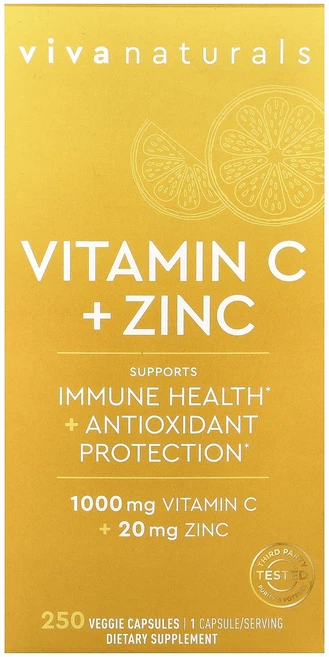 단백질 비타민 철분 마그내슘 칼슘 Viva Naturals 비타민C + 아연 베지 캡슐 250정 고루고루섭취해주세요, VivaNaturals비타민C아연베지캡슐250정, 1개 - 쿠팡