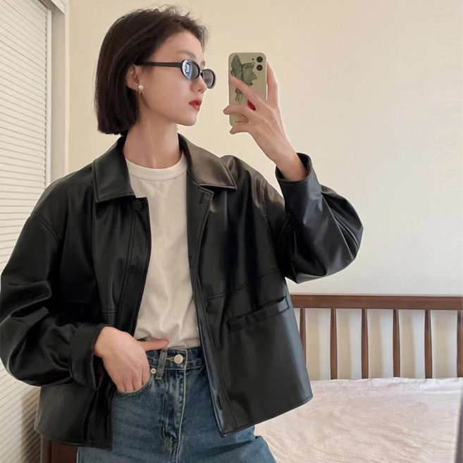 SELEAD 여성용 PU 가죽 코트 숏 재킷 루즈핏 점퍼 빈티지 라이더 레더 재킷 코트 Women's Jacket