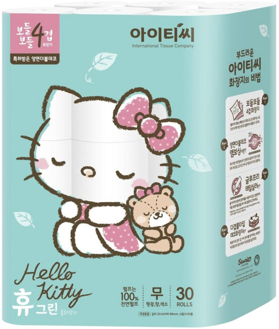 헬로키티 휴그린 보들보들 4겹 롤화장지 22m, 1개, 30롤