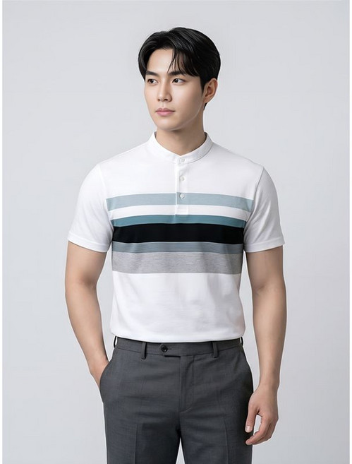 BY파크랜드 화이트 면블럭 스탠카라 티셔츠-A2TS2310480A