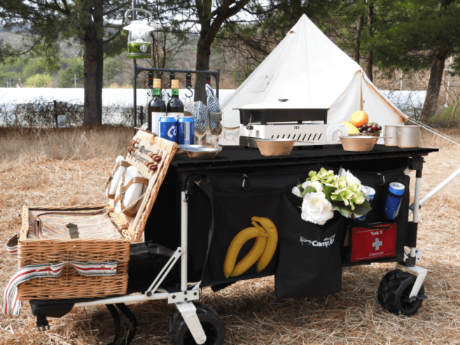 [이마트입점상품] 캠프365 파파웨건 스포츠 울트라 테이블세트 장축/내하중 160KG 캠핑 웨건 접이식 카트 뒷문 개방형 브레이크, 1개, 블랙롤테이블세트