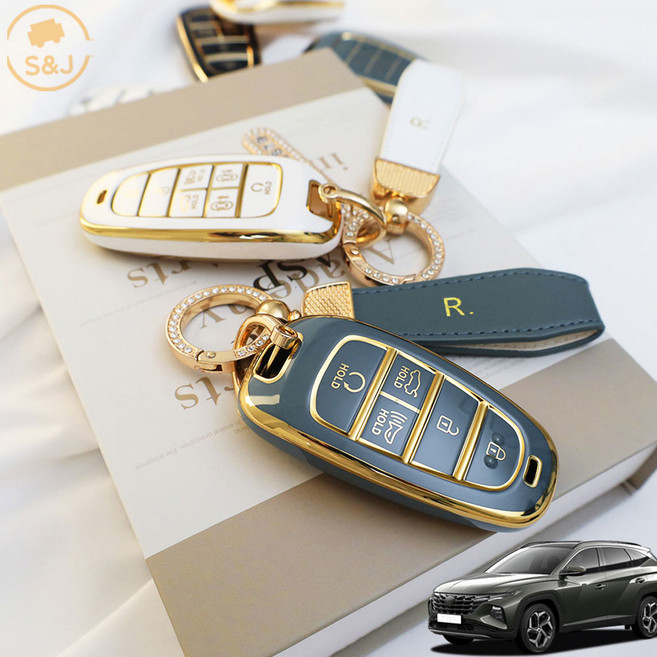 [위드미카] 호환 디올뉴투싼 (2020.9~2023.11) NX4 키케이스 키링 풀세트 5버튼 7버튼 스마트키 악세사리, 골드엣지 데님블루 큐빅오링