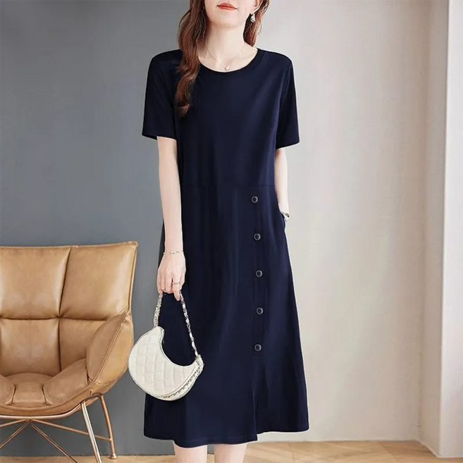 ORZQU 여름 여성 루즈핏 라운드 A라인 스커트 패션 반팔 원피스