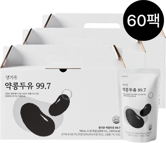 생기온 무가당 프리미엄 약콩두유 99.7 껍찔째 100% 국산 평창약콩 대학두유, 60개, 190ml