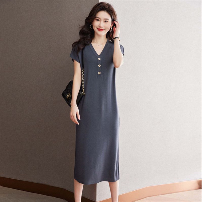 TKX 여성 브이넥 버튼 장식 미디 원피스 데일리 심플 스타일 오피스룩 반팔 슬림핏 우아한 드레스