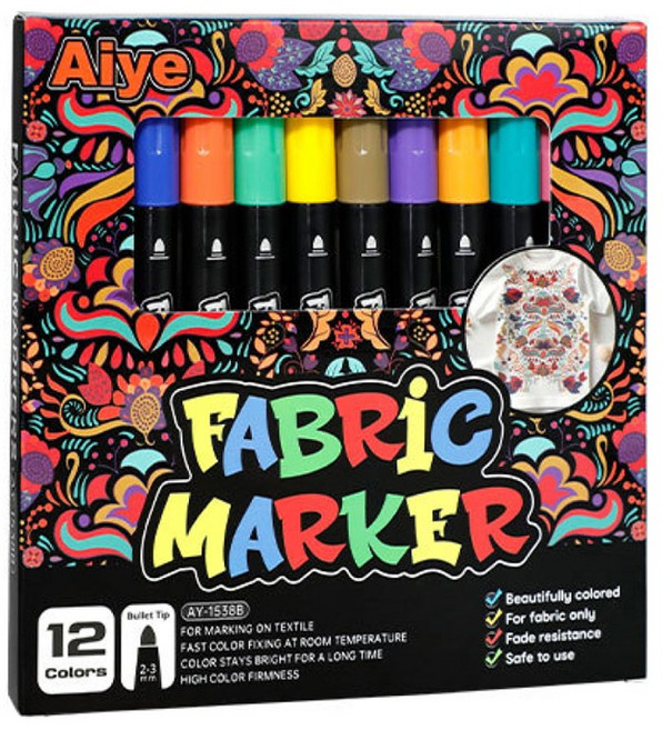 모디안 의류용 DIY 패브릭마커 펜 세트 혼합색상 14.4 x 14.7 x 1.3 cm, 12색, 1세트