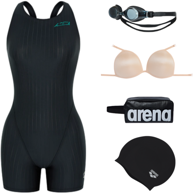 국내매장판 아레나 레이어 3부 반신 레이서백 실리콘수모 손가방 이너브라컵 수경 세트, 블랙