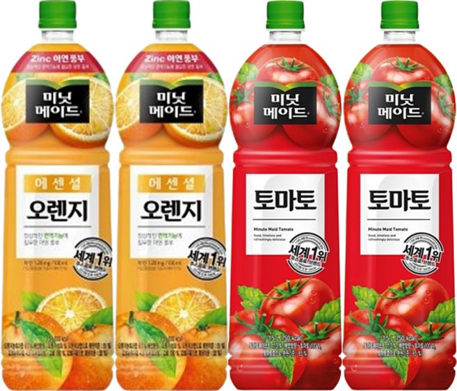 [한번에먹자] 과즙음료 1.5L 2종 혼합세트 ( 미닛메이드 오렌지 + 미닛메이드 토마토 ) 사무실음료 가정용 과일음료 대용량 식자재 오렌지주스 토마토주스, 4개