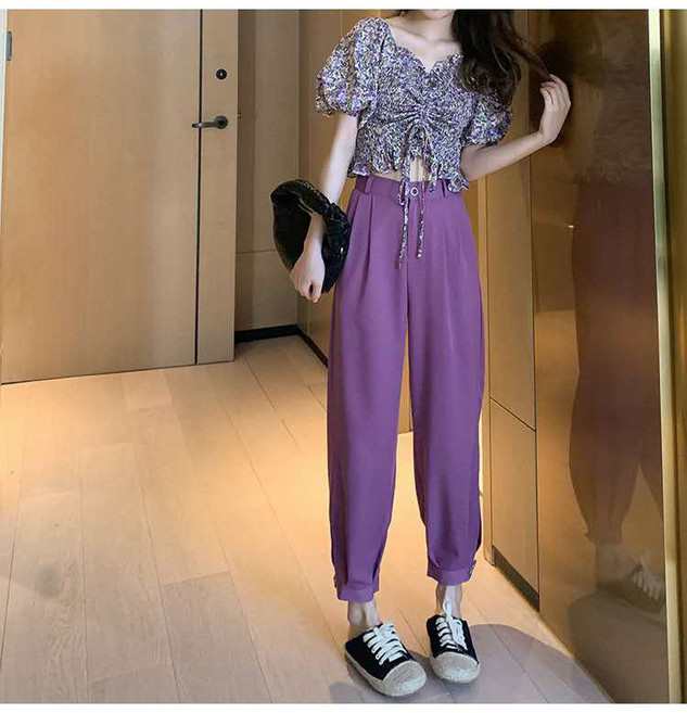 경숙 일자 어깨 블라우스 퍼플 와이드 팬츠 직업 투피스 여여름