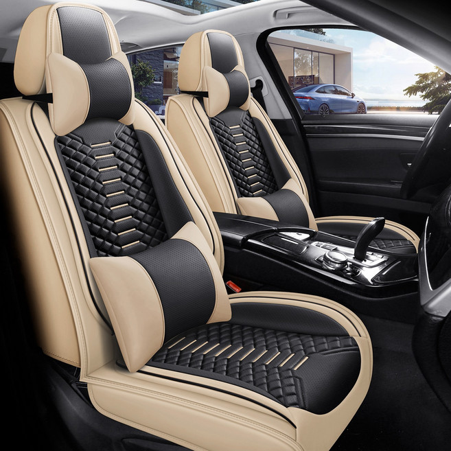 고급 나파 가죽 3D 시트 커버 앞좌석 1P 사계절 공용 허리받침대 포함 목베개, 1개, 웜 베이지