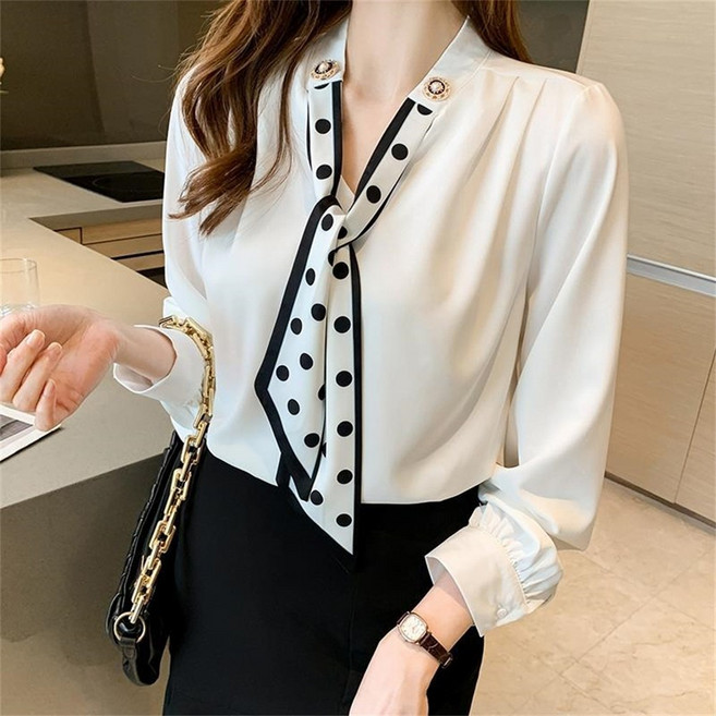 TKX 여성용 빅사이즈 블라우스 봄 가을 우아한 디자인 타이 포인트 오버핏