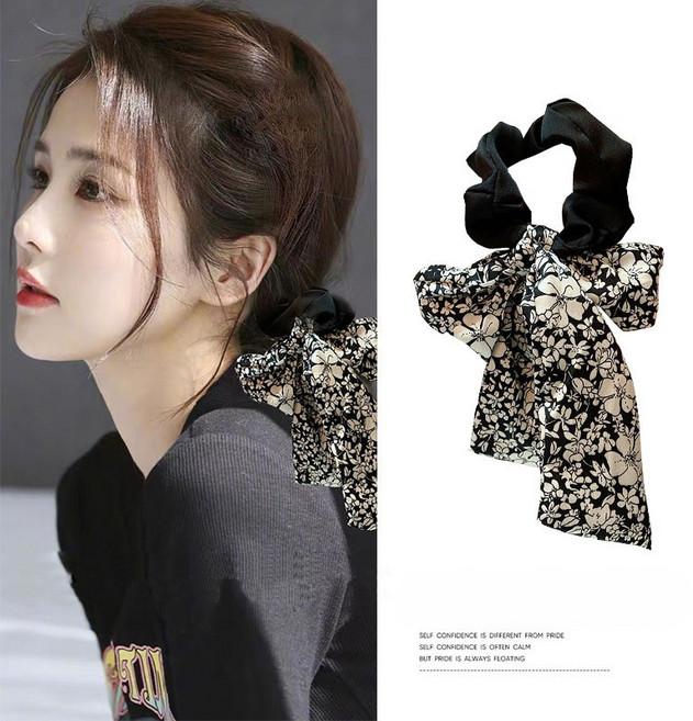 여성 플로럴 패턴 부드러운 쉬폰 소재 선물용 곱창 머리끈 헤어슈슈 2종 세트
