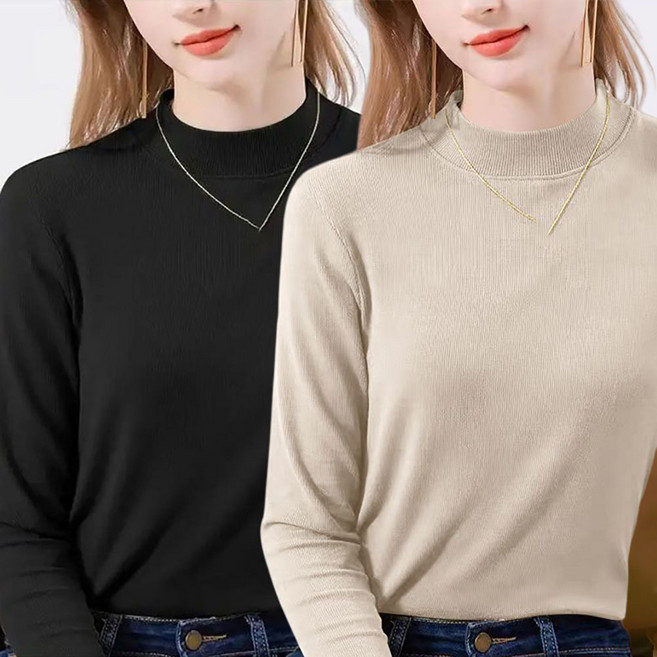 MOSAIRATION 2장묶음 여성 모달면 반폴라 긴팔 슬림핏 데일리 순색 심플 기본 이너 티셔츠 S0112218