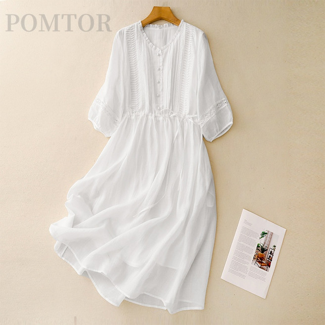 POMTOR 여성 면마 원피스 봄여름 화이트 원피스