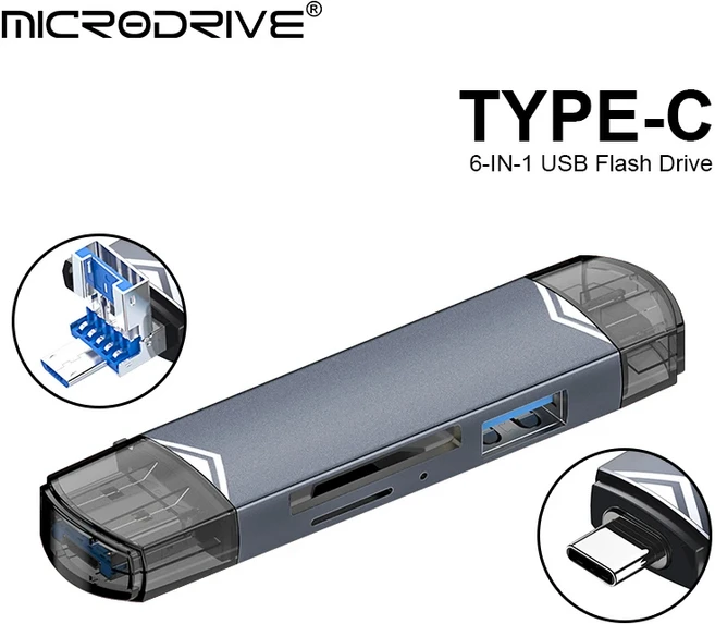 휴대폰 및 컴퓨터용 6-in-1 OTG 고속 다기능 카드 리더기 다용도 데이터 전송 장치, 02 회색