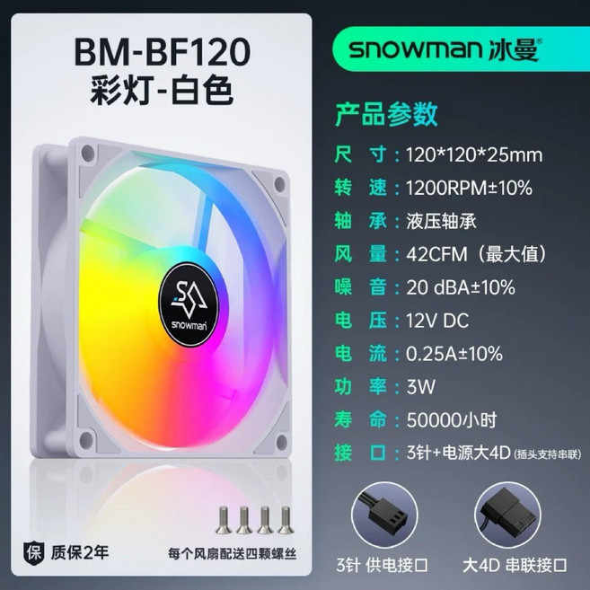 SNOWMAN 冰曼 BM-BF120 12CM 機箱風扇, 1個, 12cm 白色 發光風扇