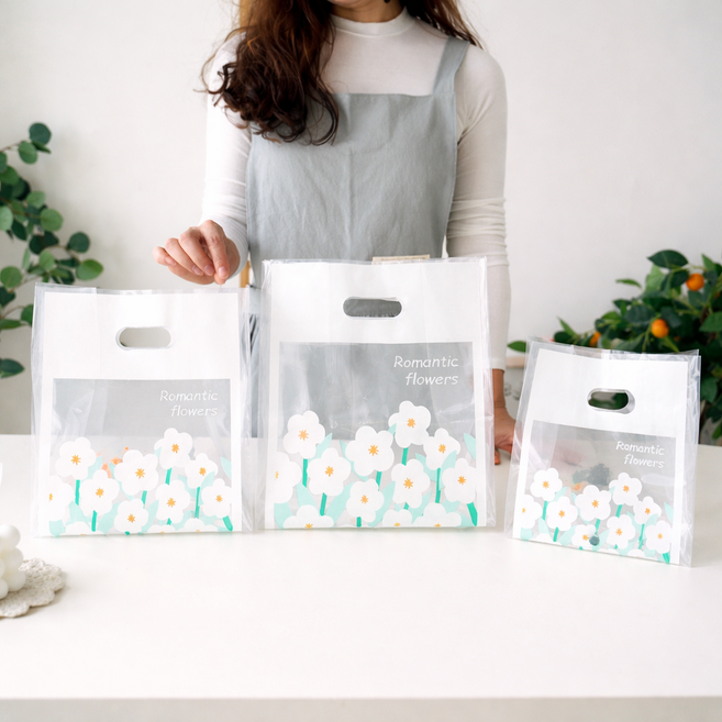 플라워 손잡이 투명 비닐 쇼핑백 간식 선물 포장 비닐 봉투, 50개, 로맨틱플라워