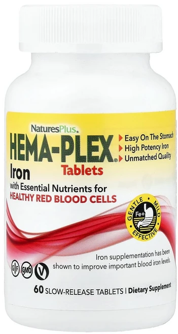 NaturesPlus Hema-Plex 건강한 적혈구를 위한 필수 영양소가 함유된 철분 서방정 60정, 1개 - 쿠팡