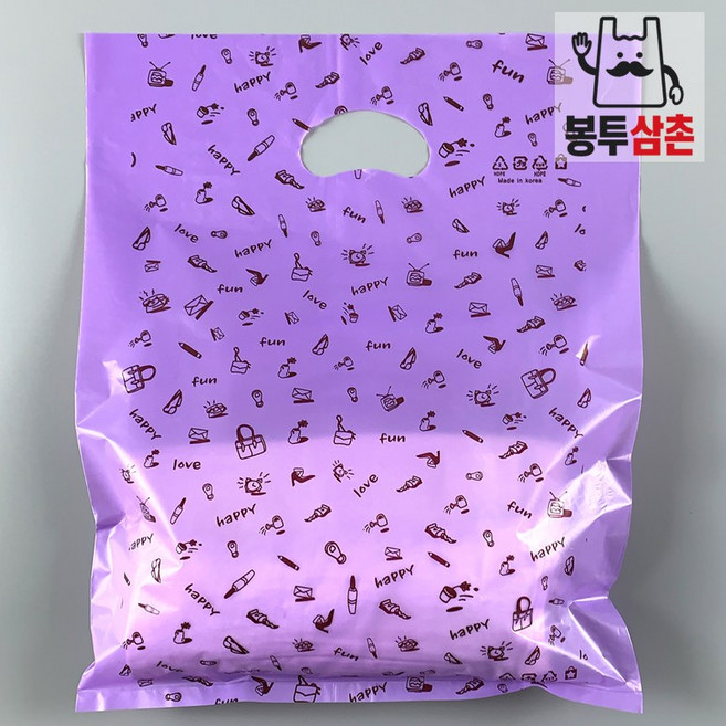 [봉투삼촌][특가]HD PE 해피펀 퍼플 비닐쇼핑백 100장 소형 중형 손잡이 심플 링봉투 옷가게 비닐백, 1세트, 30호