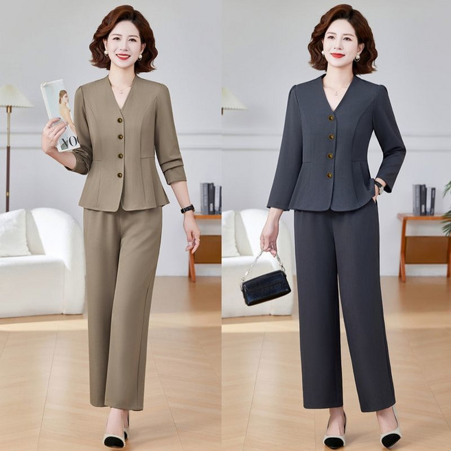 중년 여성 정장 투피스 여름 슬림핏 브이넥 심플한 출근룩 하객룩 세트