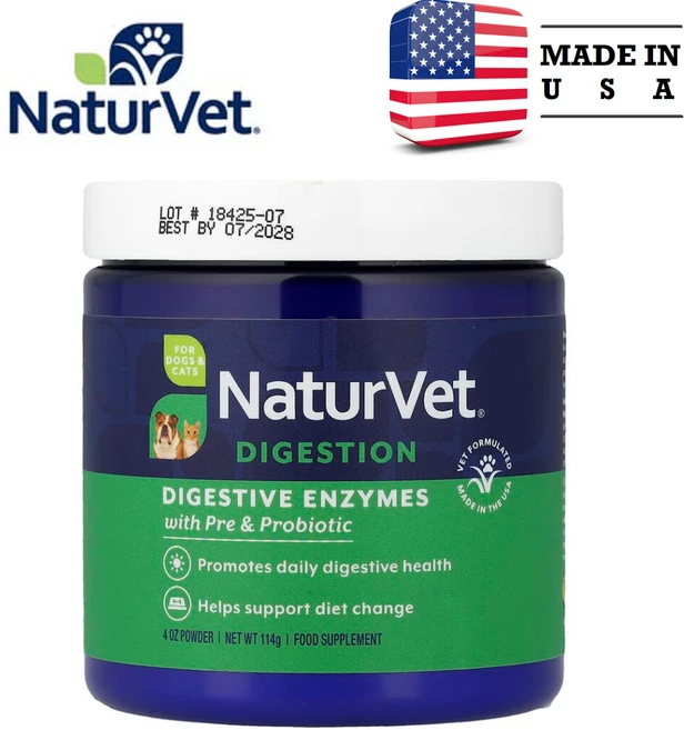 NaturVet 소화 효소 프리바이오틱 및 프로바이오틱 함유 강아지 및 고양이용 114g - 쿠팡
