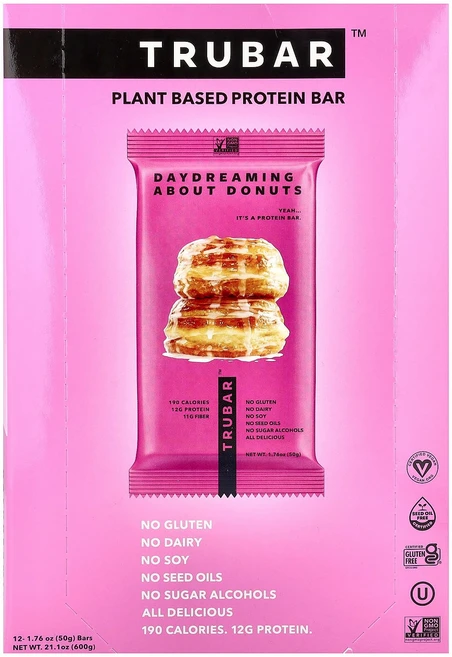 Trubar 식물성 프로틴바 데이드림 어바우더 도넛 12개입 개당 50g(1.76oz) Trubar (트루바), Trubar 식물성 프로틴바 데이드림 어바우더 도넛 1 - 쿠팡