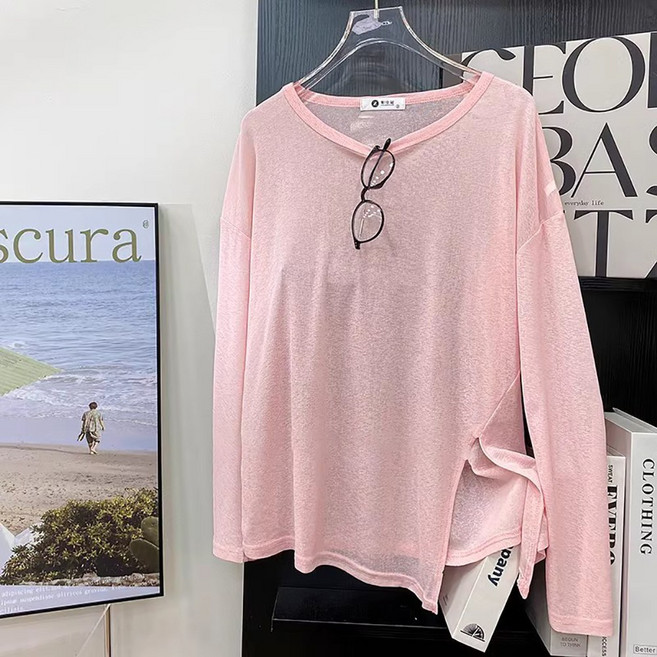 UPPERCUT 여성 루즈핏 옆트임 시스루 긴팔 티셔츠 커버업