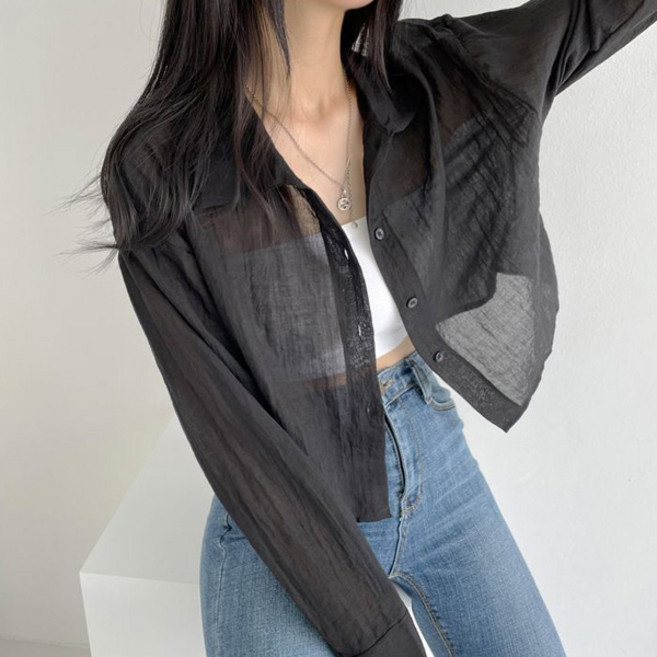 라라홀리 데일리 루즈 롤업 시스루 거즈 크롭 셔츠