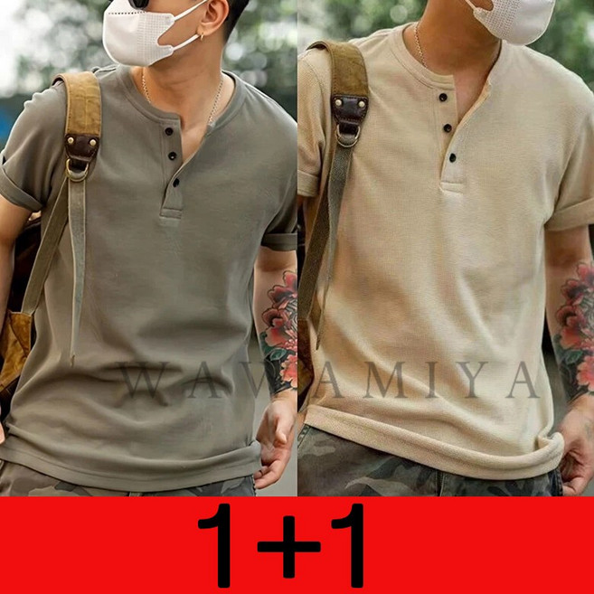 1+1 반팔티셔츠 브이넥 여름 오버핏 티셔츠 빅사이즈 남성티 캐주얼 데일룩 반팔티 WAWAMIYA