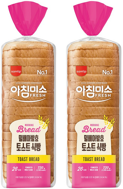 삼립 간식 아침미소 밀배아 발효 토스트 식빵, 2개, 730g