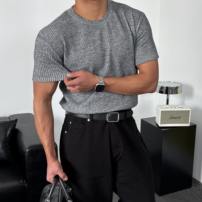 남자 머슬핏 골지 반팔 니트 스판 구김없는 반팔니트남성