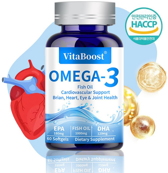 오메가3 1000mg 오일 생선유 DHA EPA 피쉬 소프트젤 혈행혈중개선 건조한 눈 개선 기억력 개선 뼈 관절 건강 캡슐, 1개, 60정