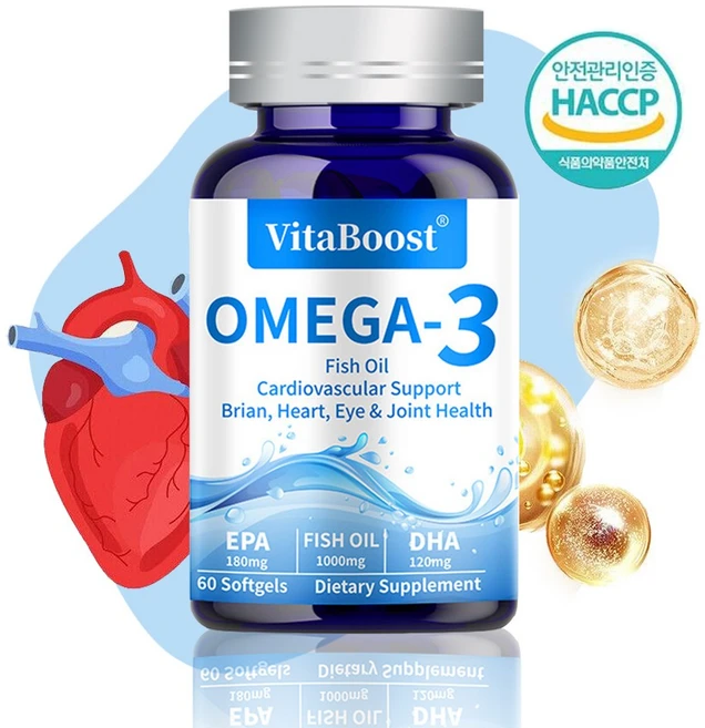 오메가3 1000mg 오일 생선유 DHA EPA 피쉬 소프트젤 혈행혈중개선 건조한 눈 개선 기억력 개선 뼈 관절 건강 캡슐, 1개, 60정 - 쿠팡