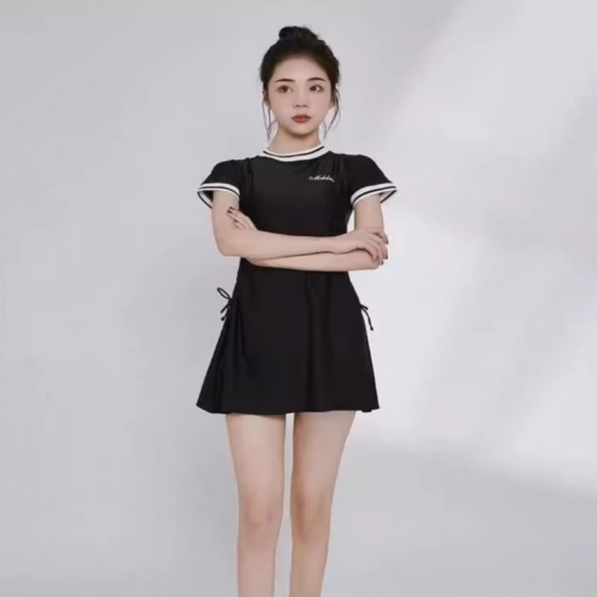 스포티 카라 배색 반팔 스커트 투피스 수영복 여성 래쉬가드 체형커버, 상세페이지 참조