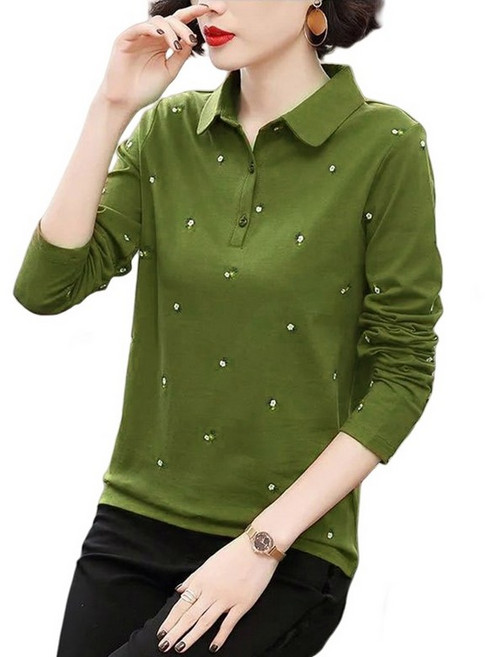 MA 여성용 카라 플라워 포인트 긴팔 티셔츠