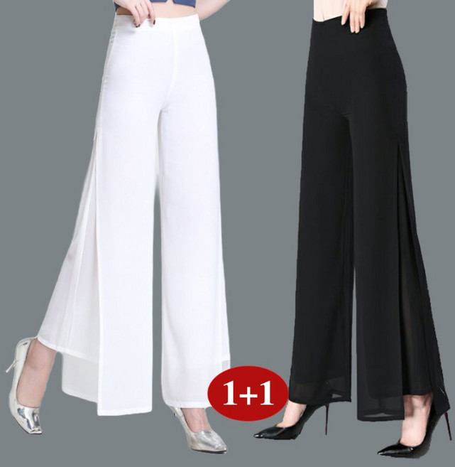 Asure 여자 무지 쉬폰 밴딩 트임 와이드 팬츠 냉장고바지 세트 1+1