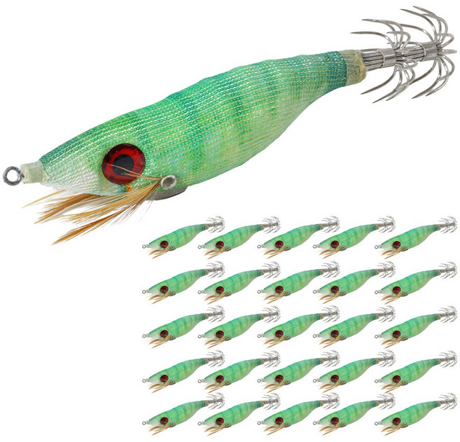 고급 왕눈이에기 25개세트 6color 축광 갑오징어 한치 주꾸미 문어 왕바늘 알쭈꾸미 낙지, 25개, 9.3g, 15 그린