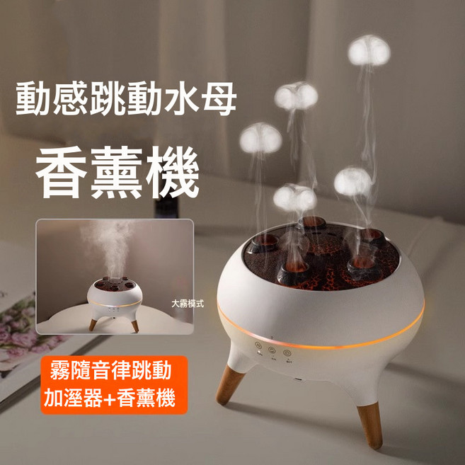 動感水母香薰機 七彩火焰氛圍燈 加濕器, 動感拾音水母香薰機:美規