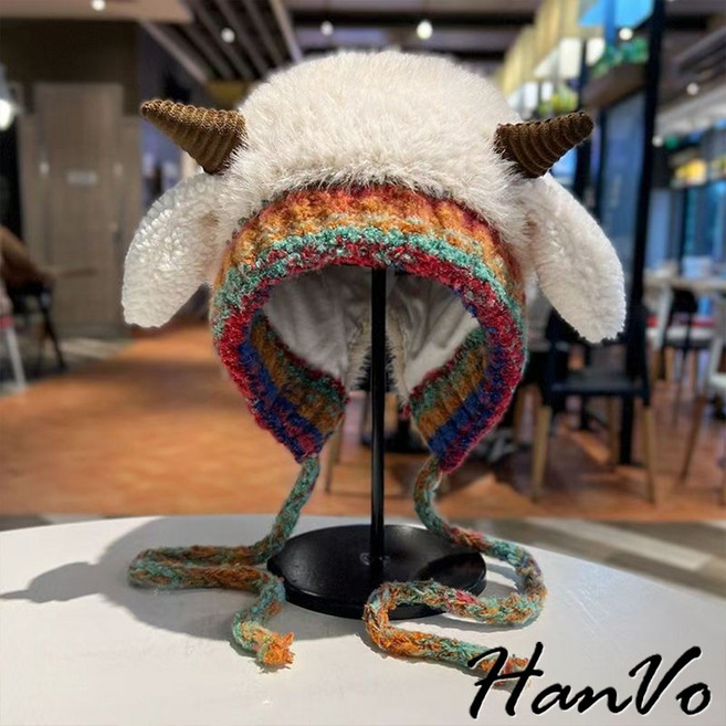 HanVo 天天出貨 顯臉小民族風羊角毛絨防寒帽 保暖加絨帽子 C01-8199