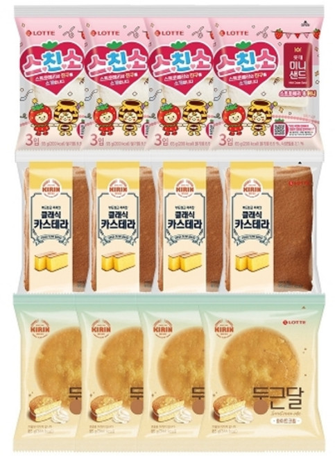 스친소 미니샌드 스트로베리 65g x4개+클래식카스테라 85g x4개+둥근달 화이트크림빵 85g x4개, 1세트, 940g