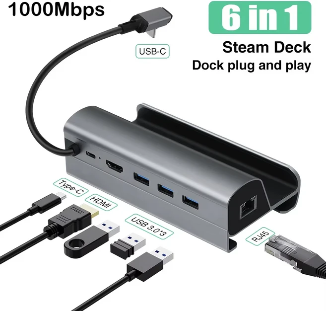 스팀 데크용 도킹 스테이션 4k HD 6 in 1 허브 USB 유형 C - HDMI 호환 4K 60Hz RJ45 30 SteamDeck 충전, 02 1000Mbps HUB