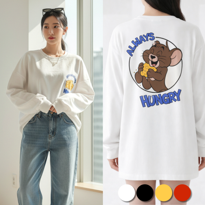 핏몬 빅사이즈 치즈 마우스 오버핏 롱 긴팔 티셔츠 캐릭터 박스티 [국내생산]
