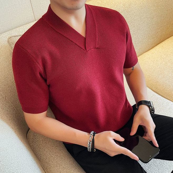 남성 브이넥 니트 반팔 티셔츠 여름 트렌드 니트 반팔 스웨터 남자 캐주얼 니트 상의 LT