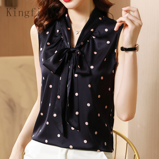 Kingfishe 여성 여름 우아한 상의 고급스러운 블라우스 리본 나시 셔츠 vd2Kobo
