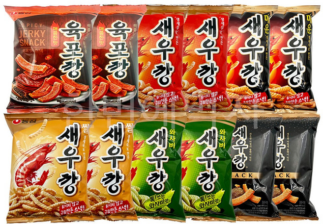 [한번에먹자] 새우깡 6종류 혼합세트 / 새우깡 + 매운새우깡 + 쌀새우깡 + 육포깡 + 와사비새우깡 + 새우깡블랙 / 각2봉지씩, 12개, 70g